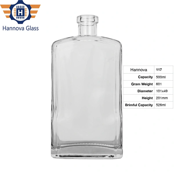 Luxury Custom square Design clear Glass Spirit Bottle 500ml Rum 50cl Tequila Glass Bottle Custom Cork