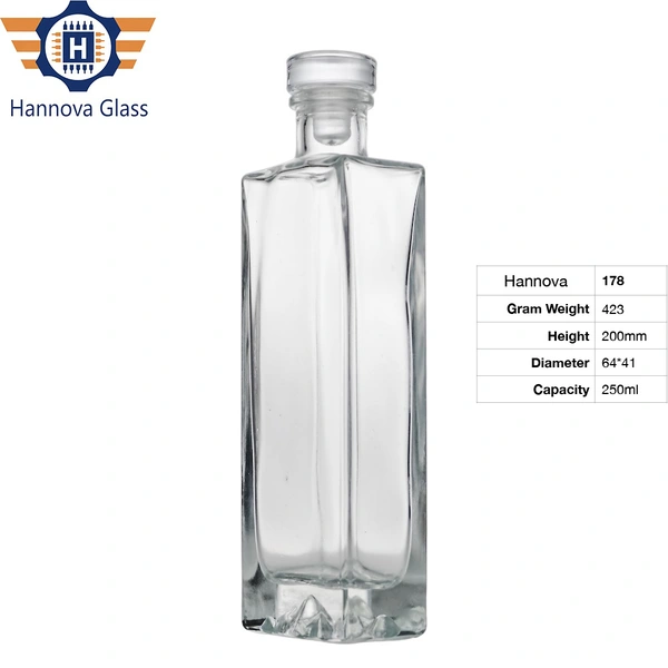 Luxury Flat Square Volcano Mountain Bottom Bottle 250ml Clear Glass Bottle for Whiskey Vodka Gin Tequila