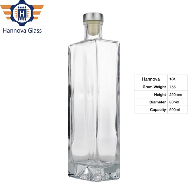 Custom Luxury Flat Square Volcano Mountain Bottom Bottle 500ml Clear Glass Bottle for Whiskey Vodka Gin Tequila