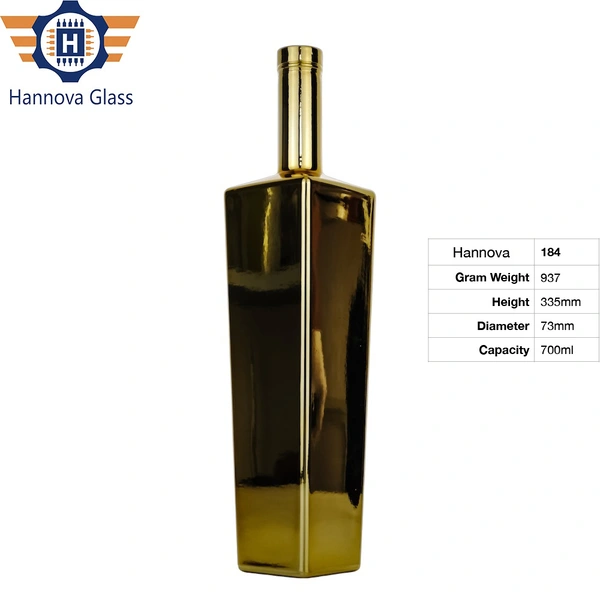 Wholesale Custom 700ml Square Electroplated Gold Bottle for Whisky Glass Bottle for Vodka With Cork Glass Liquor Spirit Bottle