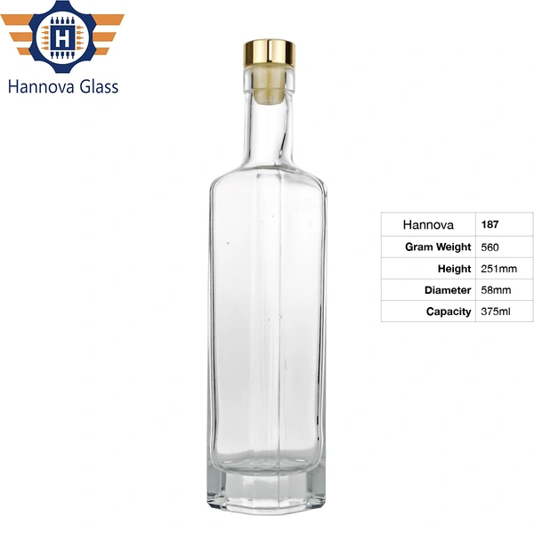 Logo Printing Custom clear square 375ml Whisky Glass Wine Liquor Bottle with Gold Aluminum Covered Rubber Stopper