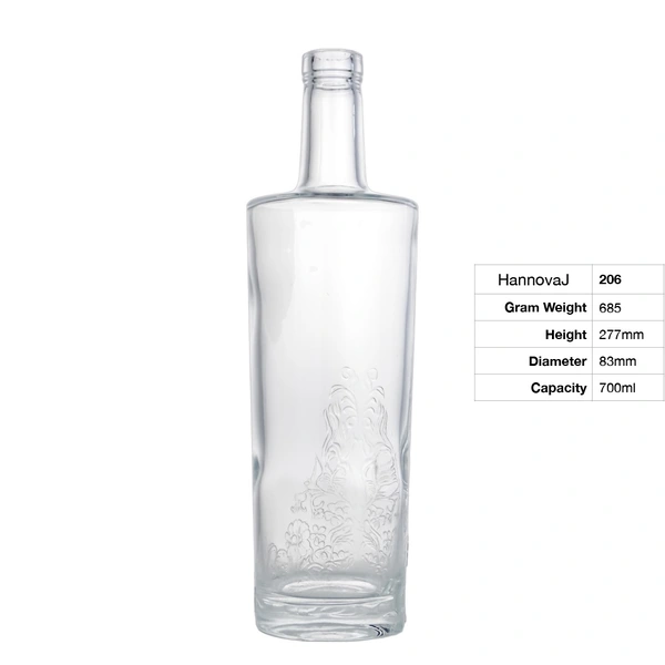 Wholesale Popular 700ml Classical Straight Shoulder Round Tall Embossed Flower Vodka Whiskey Tequila Empty Glass Bottles