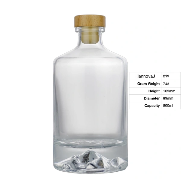 Custom Logo Embossed Round Cork Cap Thick Hill-shaped Bottom Brandy Whiskey Vodka Tequila 500ml Liquor Glass Bottle