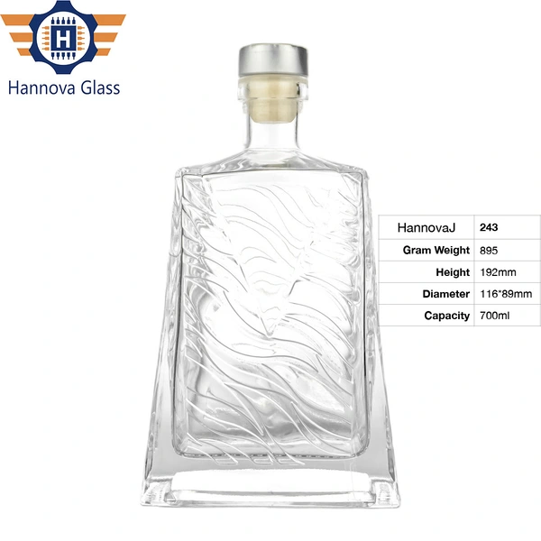 Creative Design Engraved Packaging Wholesale Spirit Glass Alcohol Container 700ml Rectangular Vodka Glass Bottle With Cork