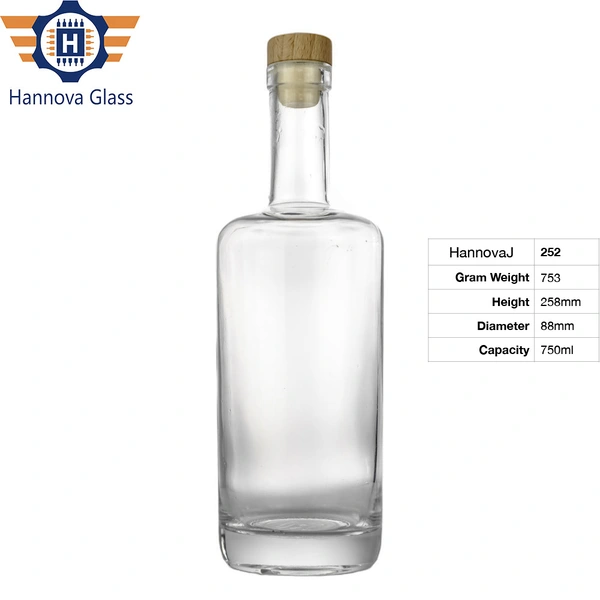 Wholesale Round Customized 750ml Cork Liquor Glass Bottle Unique Shoulder Design Clear Glass Bottle for Whiskey Vodka and Rum
