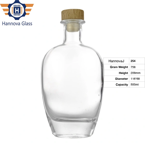 Factory wholesale 500ml Flat Round Goose Oval Top Thick Bottom Thin Vodka Rum Gin Gin Whiskey Glass Bottle with Cork Stopper