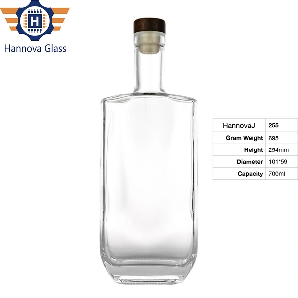 Custom Design 70cl Flat Square Glass Bottle 700ml Thick Bottom Whiskey Vodka Bottle With Wooden Cork or Glass Stopper