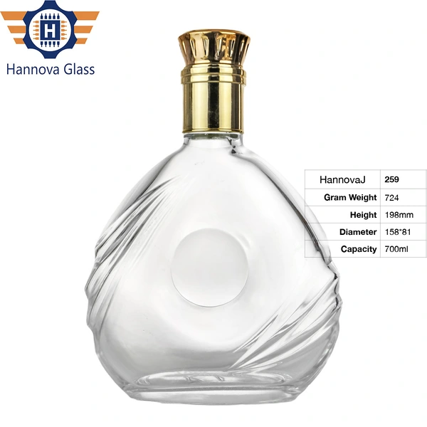 Wholesale Transparent 700ml Glass Bottle for Liquor with Flat Round Shape Suitable for Brandy Whiskey and Vodka