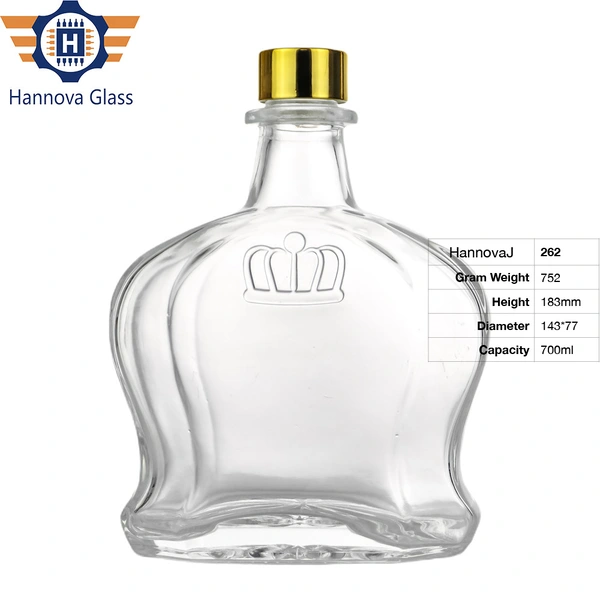 700ml Flat Crown-Shaped Clear Glass Bottle with Embossed Logo for Brandy Whiskey Vodka Liquor Custom Logo Available