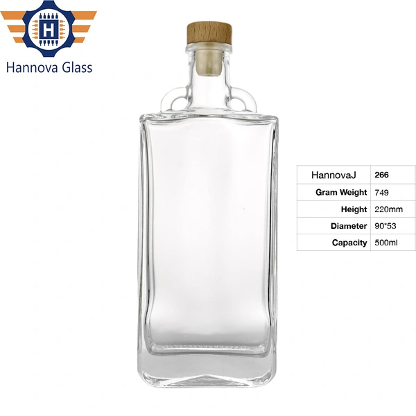 Manufacturer 500ml Custom Rectangular Glass Bottle with Handled Neck for Liquor Rum Tequila with T-Cork Stopper