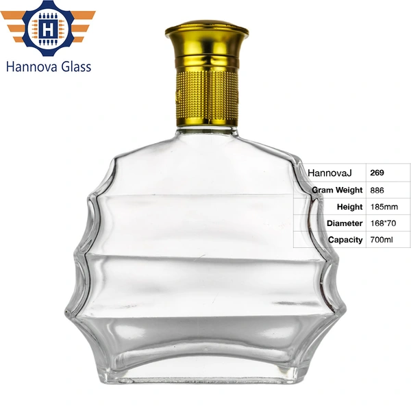 Custom 700ml Ribbed Flask Glass Bottle with Unique Design for High-end Brandy Whiskey XO Empty Liquor Spirit Bottle