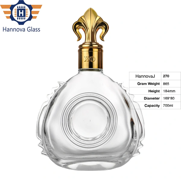 Wholesale 700ml Royal Design Flat Round Brandy Bottle with Luxury Crown Cap for XO Cognac Whiskey Empty High-end Glass Bottle