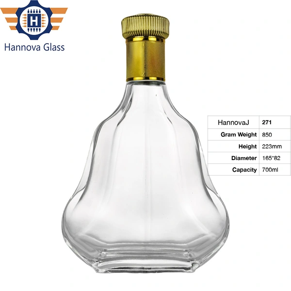 Luxury 700ml Unique Pear Shape Flat Glass Bottle for Whiskey Brandy Cognac XO High Flint Empty Spirit Liquor Bottle
