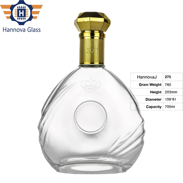 Wholesale 700ml Ornate Flat Round Embossed Crown Bottle for XO Cognac Brandy with Luxury Gold Stopper Empty Spirit Glass Bottle
