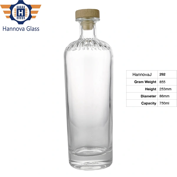 Wholesale 750ml Custom Clear Glass Liquor Bottle with Embossed Shoulder and Wooden Cork for Gin Whiskey Vodka Flint Glass Bottle
