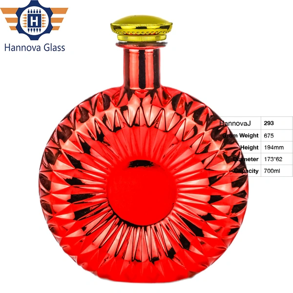 Wholesale 700ml Custom Red Electroplated Flat Round Glass Liquor Bottle for Premium Brandy Gin Whiskey Vodka Spirits Packaging