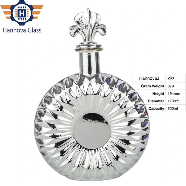 Wholesale Luxury 700ml Silver Electroplated Flat-round for Vodka Brandy Custom Empty Spirit Bottle With Fleur-de-lis Stopper
