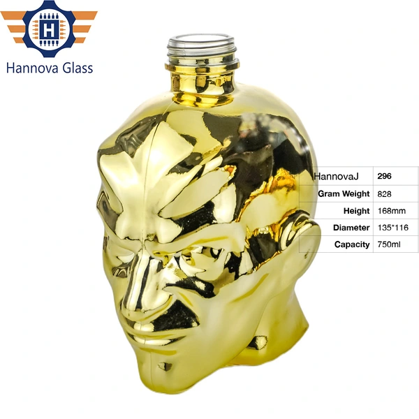 Wholesale 750ml Custom Electroplated Gold Face Shape Liquor Bottle for Whiskey Tequila Vodka Empty Novelty Spirit Glass Bottle
