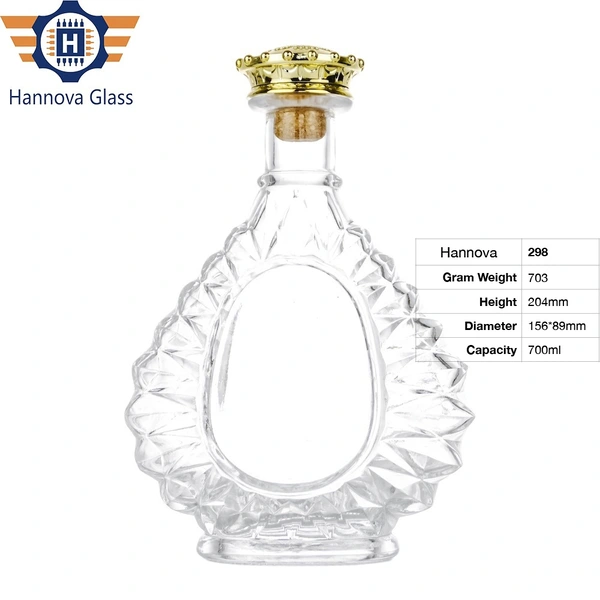 Custom 700ml Premium Brandy Bottle with Fancy Embossed Glass in a Unique Shape for Whiskey Liquor and Spirit Drinks