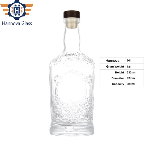 Custom Logo 700ml Decorative Round Glass Bottle with Vintage Embossed Designs for Liquor Whiskey Rum and Spirits