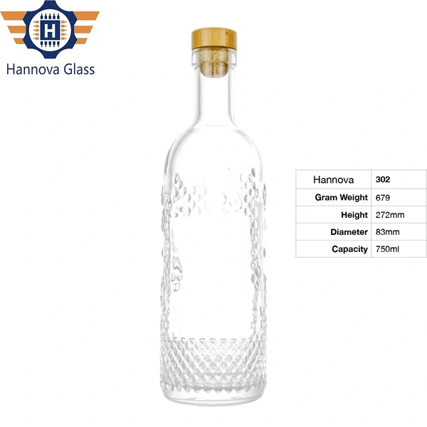 Custom 750ml Clear Glass Spirit and Wine Bottle with an Embossed Texture for Gin Vodka Rum with a Natural T-Cork