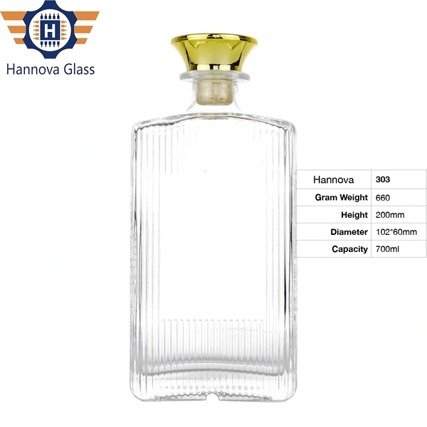 Custom Label 700ml Ribbed Square Bottle for Spirits with an Embossed Stripe Pattern for Gin Vodka with a Gold Cap