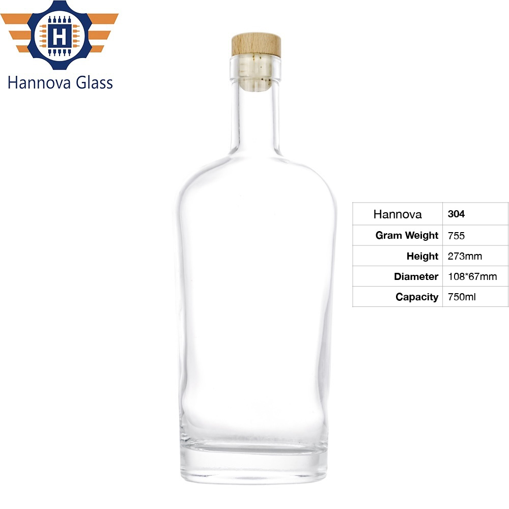 Wholesale 750ml Tall Nordic Style Flat Oval Glass Bottle for Luxury Gin Vodka and Tequila with a Wooden Cork Top