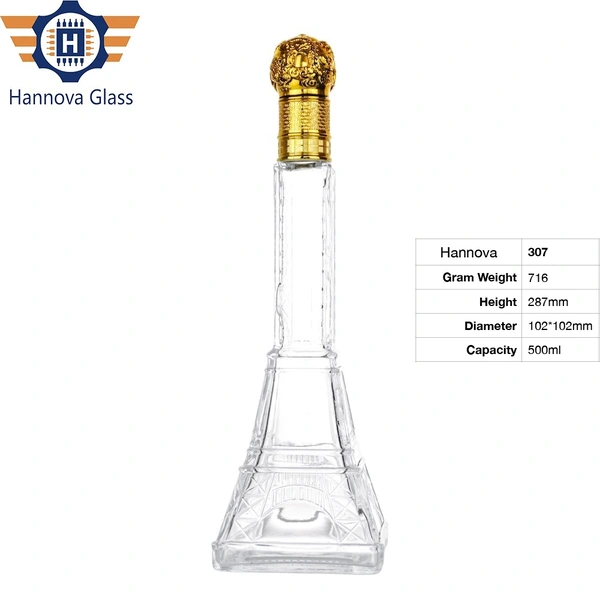 Wholesale Custom Logo 500ml Fancy Paris Tower Bottle for Spirit Vodka Wine Beverage with Golden Aluminium Screw Cap
