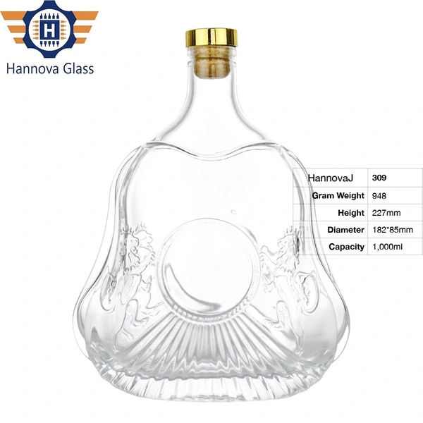 Factory 1 Liter Flat Gourd Shape Glass Bottle for Premium Brandy XO with Engraved Pattern and Golden Cap Stopper