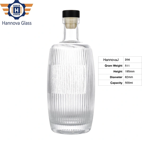 Wholesale 500ml Barrel Shape Ribbed Glass Bottle for Fruit Wine Juice Beverage and Spirits with a Custom Cork Stopper
