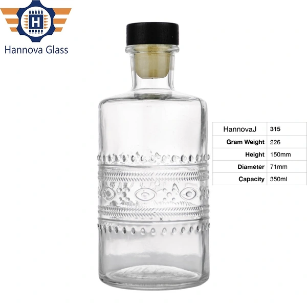 Factory Custom 350ml Clear Embossed Pattern Glass Bottle for Whiskey Rum Gin Vodka Liquor Spirit with T-Cork Stopper