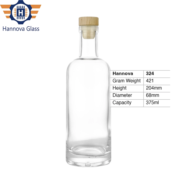 Luxury Empty 375ml Clear Round Flint Glass Bottle with Bar Top Cork for Premium Whiskey Gin Vodka Rum Spirit