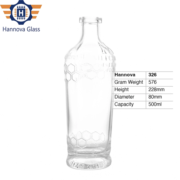 Unique Hexagonal Honeycomb Design 500ml Clear Cylinder Glass Liquor Bottle Premium Embossed Gin Vodka Spirit Packaging