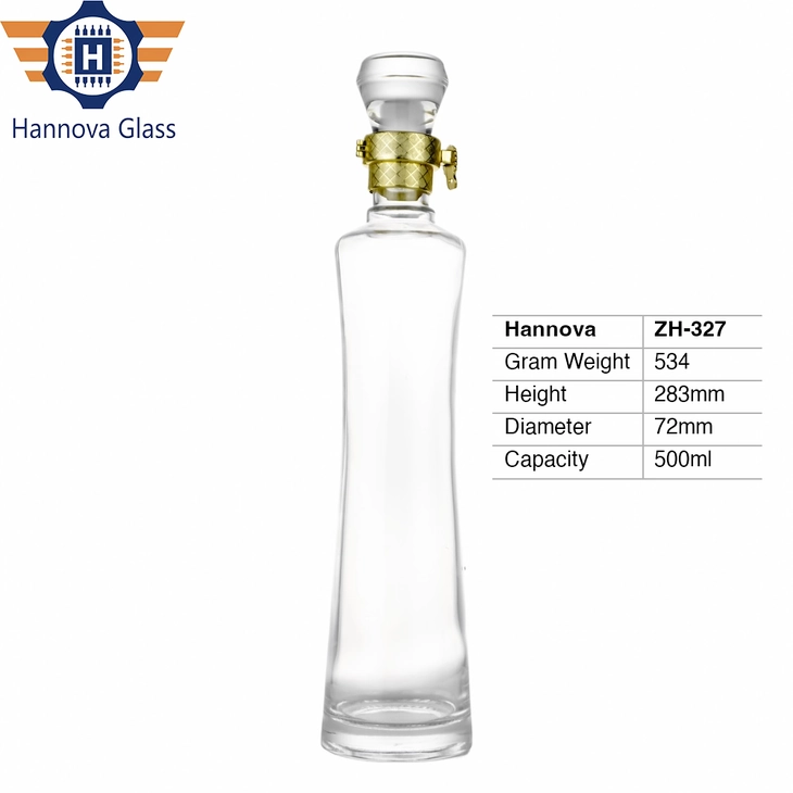 Luxury Unique 500ml Clear Curved Glass Bottle with Exclusive Glass Stopper, Premium Sleek Design Packaging for Gin Vodka Spirit