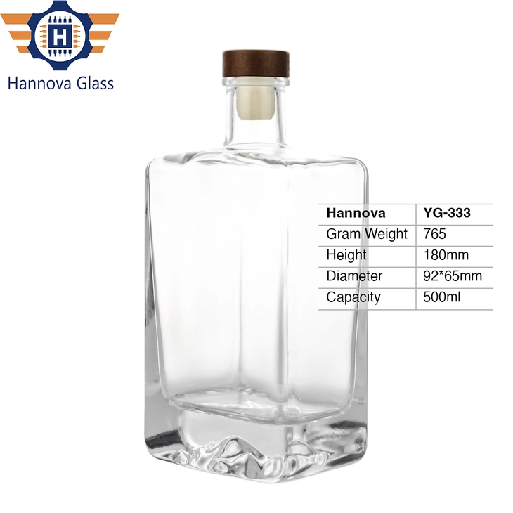Wholesale 500ml Rectangular Glass Bottle With Unique Iceberg Bottom Cork Top for Whiskey Vodka Gin Spirits Packaging
