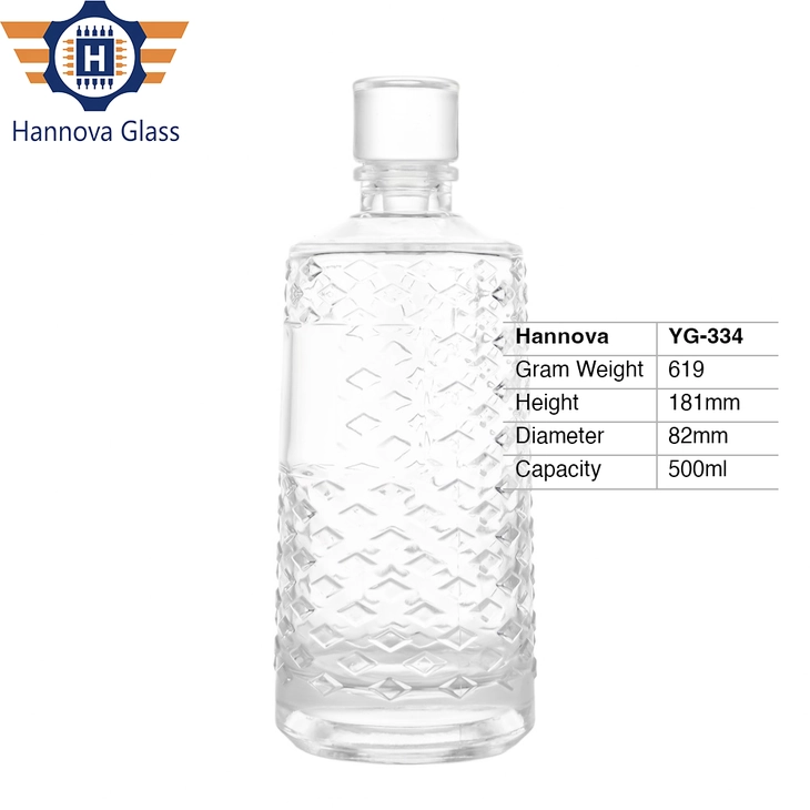 500ml Cylinder Embossed Glass Bottle Diamond Texture With Glass Stopper for Gin Brandy Spirits Wholesale