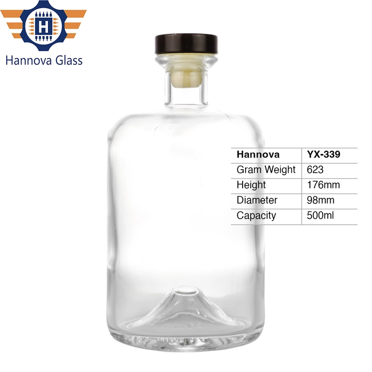 Premium Wide Mouth 500ml Glass Spirit Bottle Heavy Concave Bottom for Gin Vodka Brandy Whisky Liquor Packaging With Cork