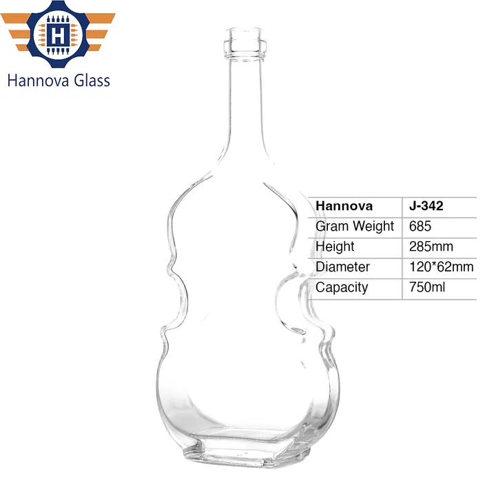 Unique Violin Shape 750ml Clear Glass Liquor Bottle for Whiskey Vodka Gin Rum Spirit Glass Bottle With Wood Cork Stopper
