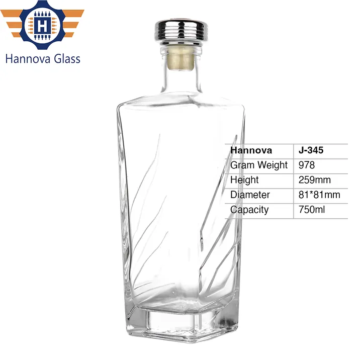 750ml Square Embossed Glass Liquor Bottle with Cork for Whiskey Vodka Gin 978g Heavy Base Thick Bottom Spirit Glass Bottle