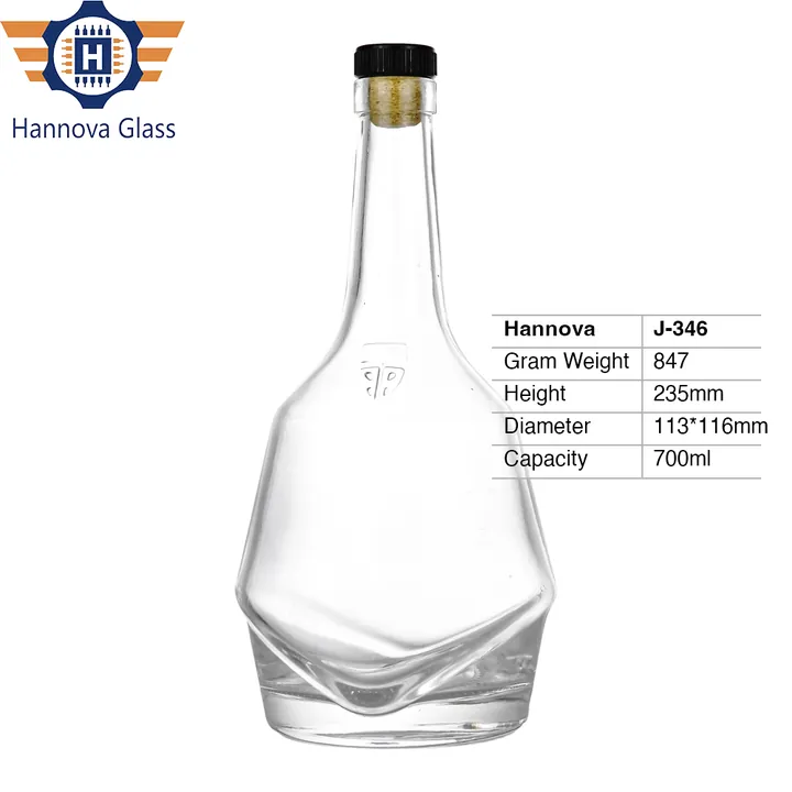 Unique Special 700ml Glass Liquor Bottles with Special Bottom for Whiskey Rum Spirit Empty Vodka Bottle with Cork Stopper