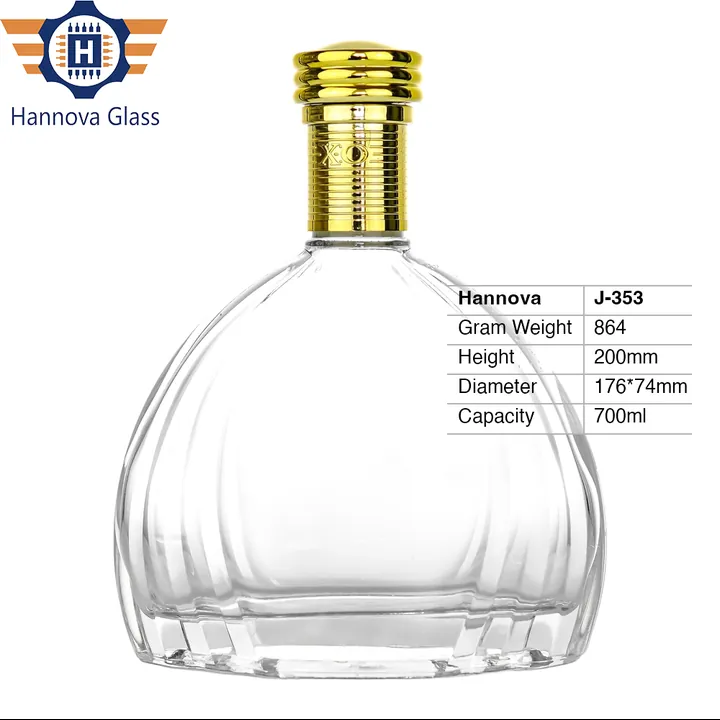 700ml Wholesale Glass Liquor Bottles Glass Bottle Packaging for Brandy or Whisky or Rum with XO Gold Cap and Oval Shape