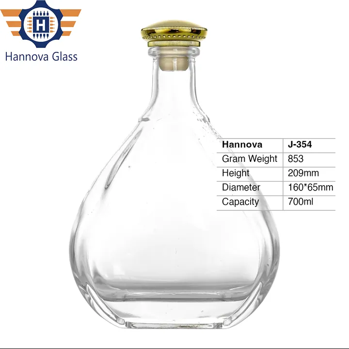 Original 700ml Water Drop Shape Glass Liquor Bottle Empty Brandy Whiskey Spirit Flat Glass Bottle with Gold Cork Stopper