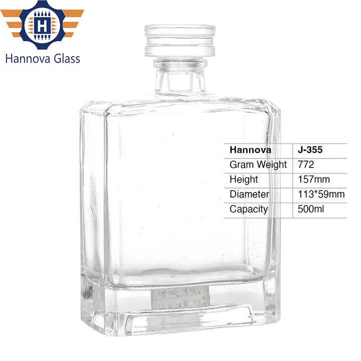 High Quality 500ml Rectangle Glass Whiskey Vodka Tequila Bottles Empty Flat Liquor Bottle for Rum Spirit with Glass Cork Stopper