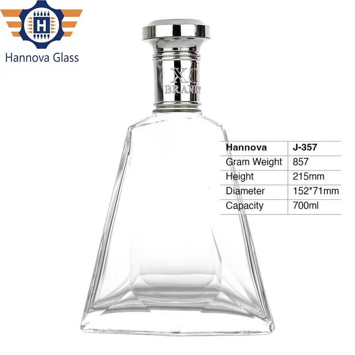 Unique Special Pyramid Shape 700ml Glass Liquor Bottles for Brandy Whisky Rum, Super Flint Empty Spirit Bottle with Cork