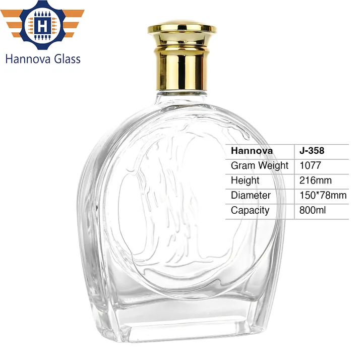 Unique 800ml Round Glass Liquor Bottle with Engraved Surface for Whisky, Super Flint Thick Bottom Spirit Bottle with Cork