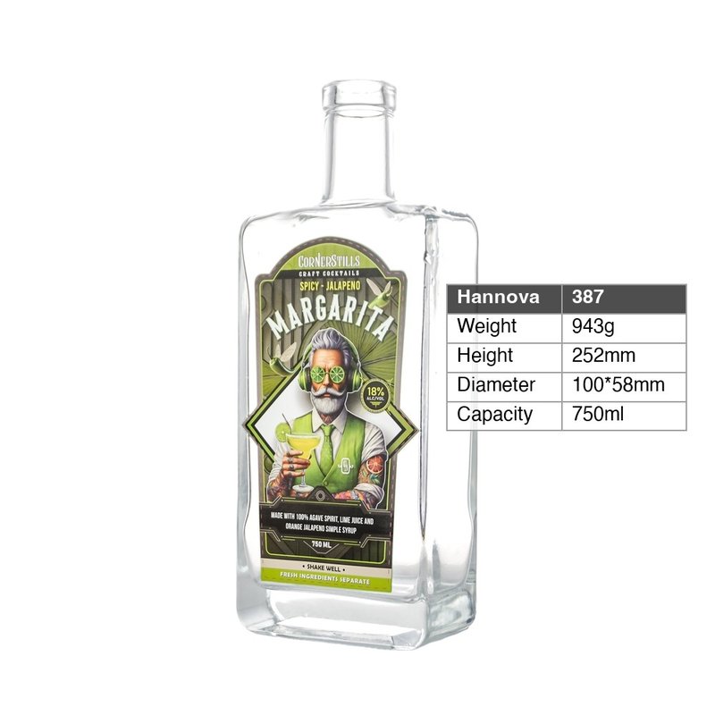 Wholesale 750ml Rectangle Decal Printing Glass Liquor Bottle for Tequila Cocktail Vodka Spirits Packaging with Cork